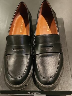Coach Black Leather Penny Loafers with Tan Insole Accents